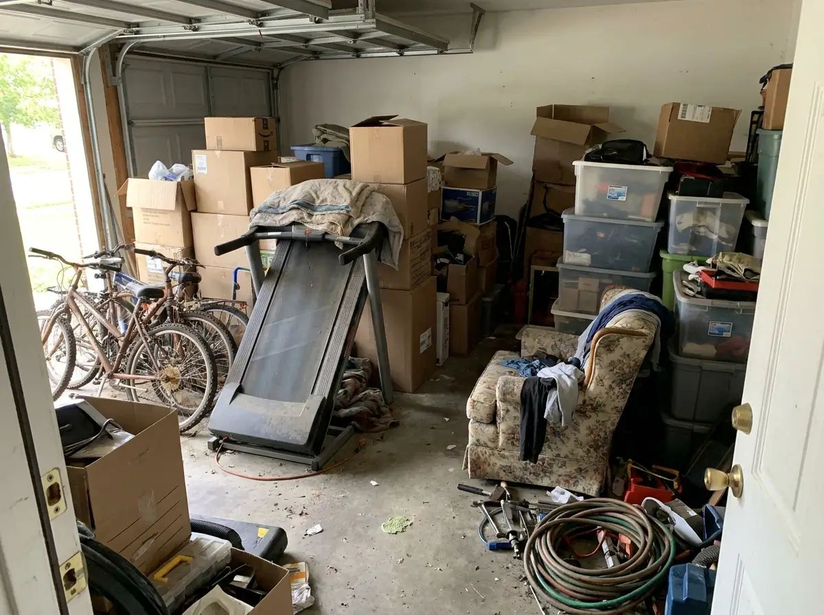 Cluttered two-car garage packed with boxes, a treadmill, bikes and storage bins before a cleanout